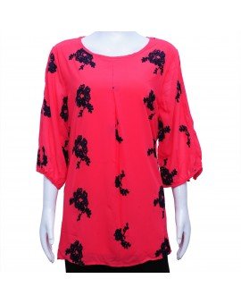 Imported Georgette Top with Floral Embroidery  - Hot Pink