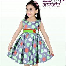 High Quality Pure Cotton Round Print Kids Frock - Grey and Green