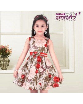 High Quality Pure Cotton Floral Print Kids Frock - Light Gray and Olive Green
