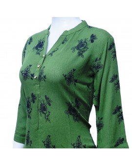 Imported Georgette Top with Floral Print - Olive Green