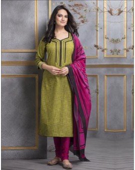 Salwar Suit- Pure Cotton with Self Print - Green and Hot Pink (Un Stitched)