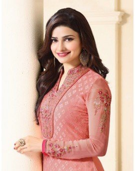 Salwar Kameez- Georgette Brasso Straight Embroidery - Honey Pink  (Un Stitched)