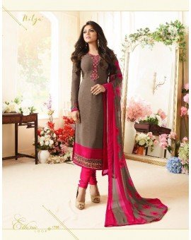 Salwar Kameez- Crape Material with straight embroidery -  Brown - and Pink  (Un Stitched)