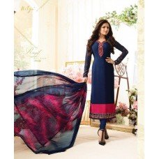 Salwar Kameez- Crape Material with straight embroidery -  Blue and Pink  (Un Stitched)