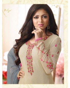 Salwar Kameez- Crape Material with straight embroidery -  Light Beige and Pink  (Un Stitched)