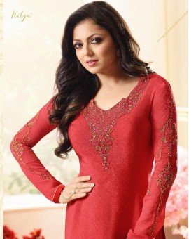 Salwar Kameez- Crape Material with straight embroidery -  Red and Brown  (Un Stitched)