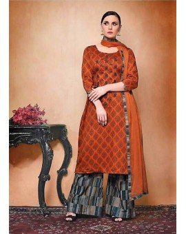 Salwar Suit- Pure Cotton with elegant self print - Dark Orange (Un Stitched)