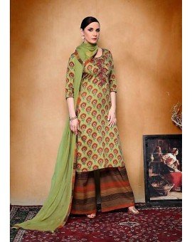 Salwar Suit- Pure Cotton with elegant self print - Olive Green   (Un Stitched)