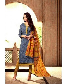 Salwar Suit- Pure Cotton with elegant self print - Blue and Yellow  (Un Stitched)
