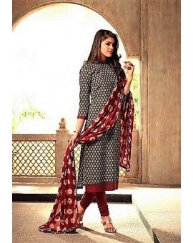 Salwar Suit- Pure Cotton with elegant self print - Brown and Red  (Un Stitched)
