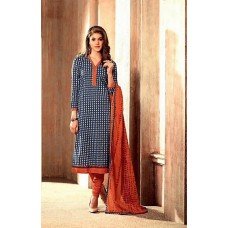 Salwar Suit- Pure Cotton with elegant self print - Blue and Orange (Un Stitched)