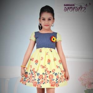 High Quality Pure Cotton Floral Print Kids Frock - Yellow and Slate Gray