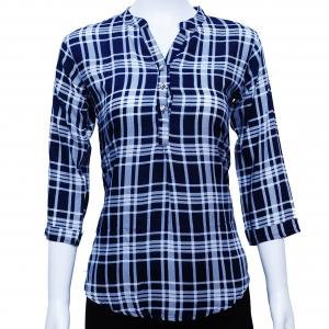 Imported Rayon Top with Check Print - Dark Blue and White