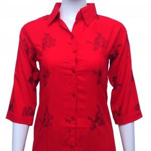 Imported Rayon Shirt with Floral Print  - Dark Red