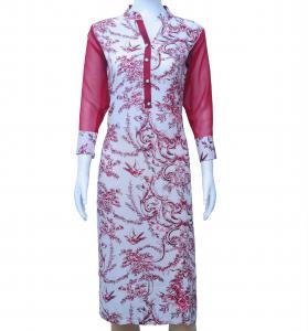 Long Kurtas with Floral Print - White and Red