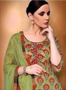 Salwar Suit- Pure Cotton with elegant self print - Olive Green   (Un Stitched)