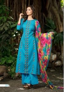 Salwar Suit- Pure Cotton Lawn with Embroidery - Blue with Yellow (Un Stitched)